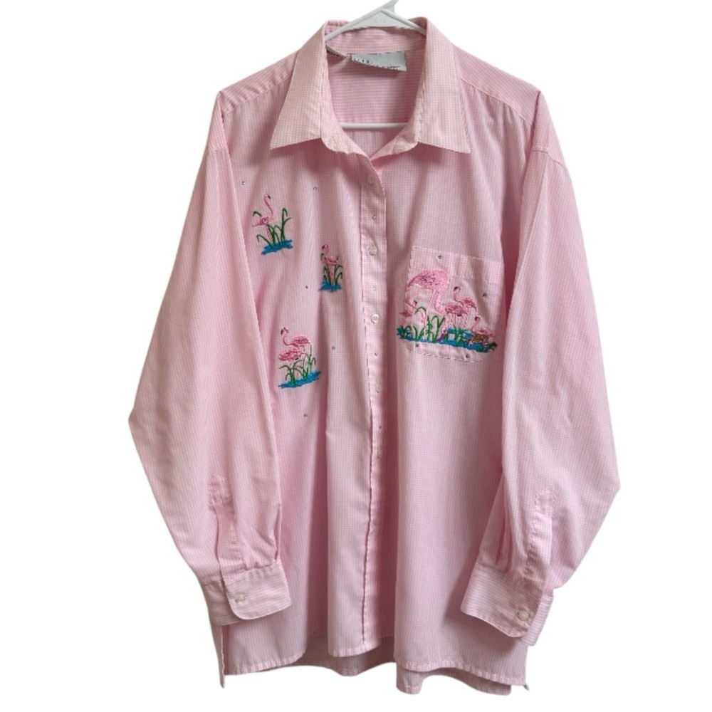 Mili Designs Womens Size 1X Pink Embroidered Flamingo Plaid Button Up Blouse Top